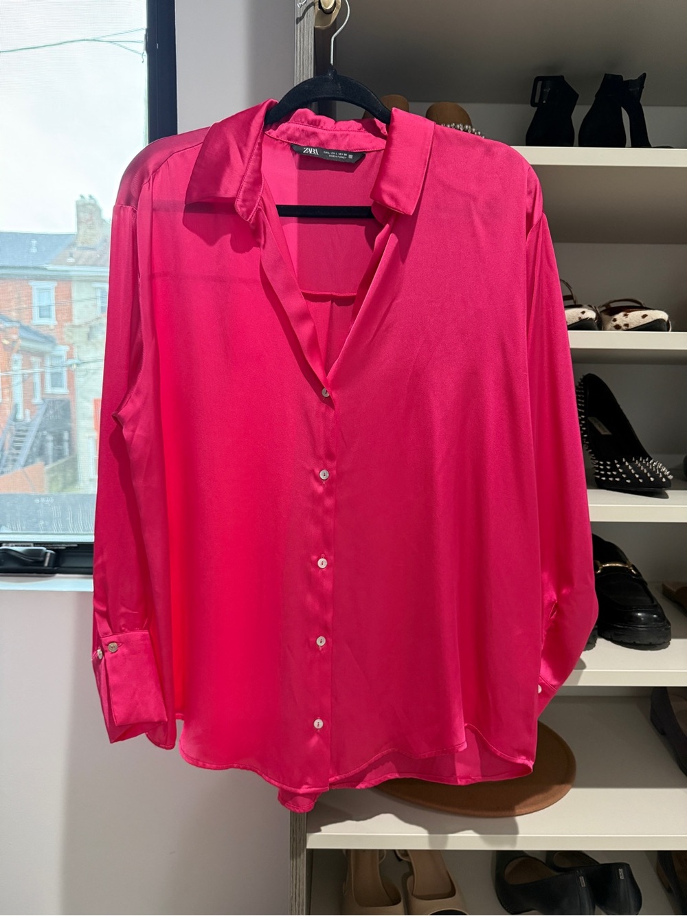 Zara Fuchsia Button-Down Silk-Like Blouse